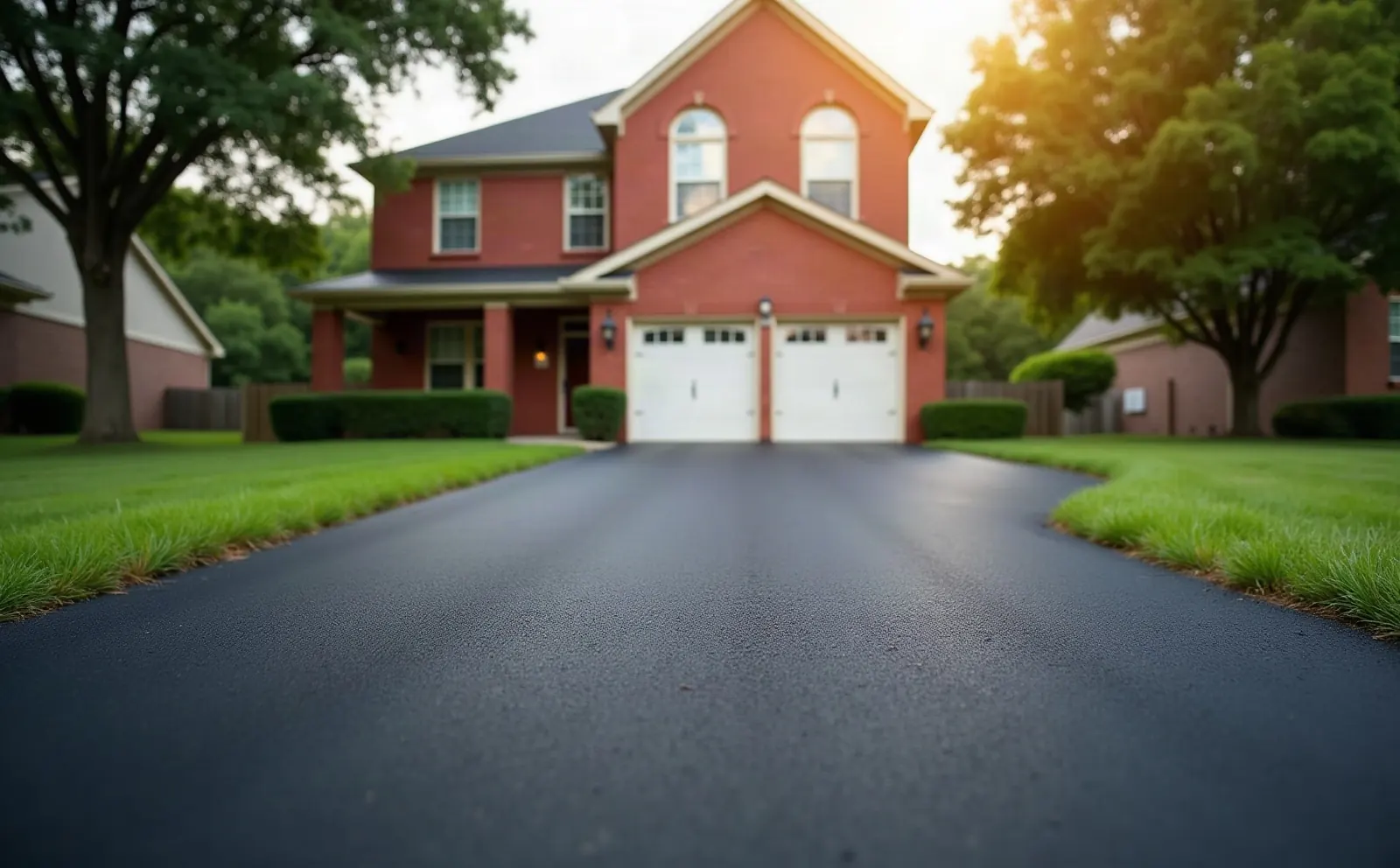 After: a brand new smooth black asphalt driveway leading to a brick home