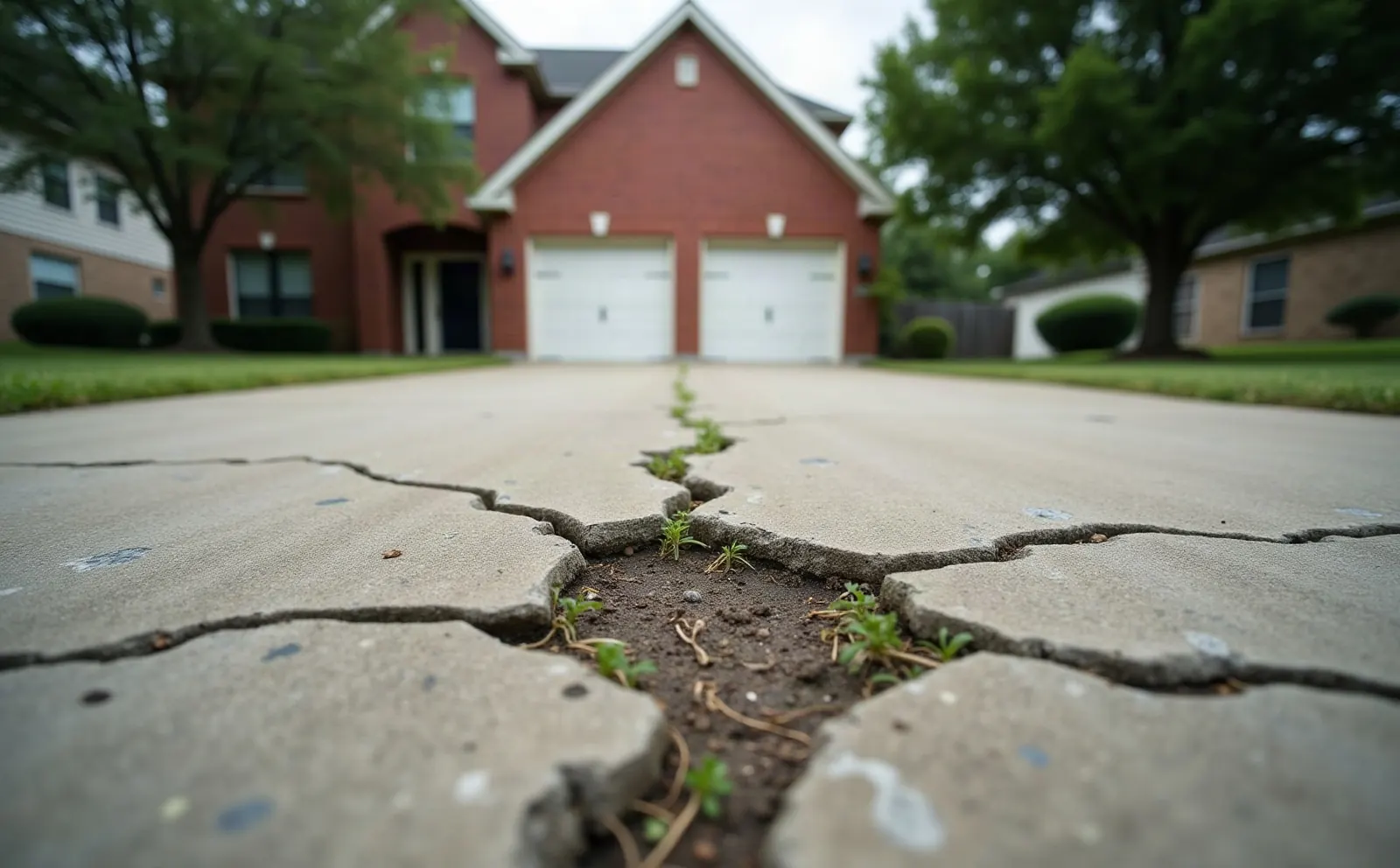 Before: a cracked, faded asphalt driveway with weeds in front of the same brick home