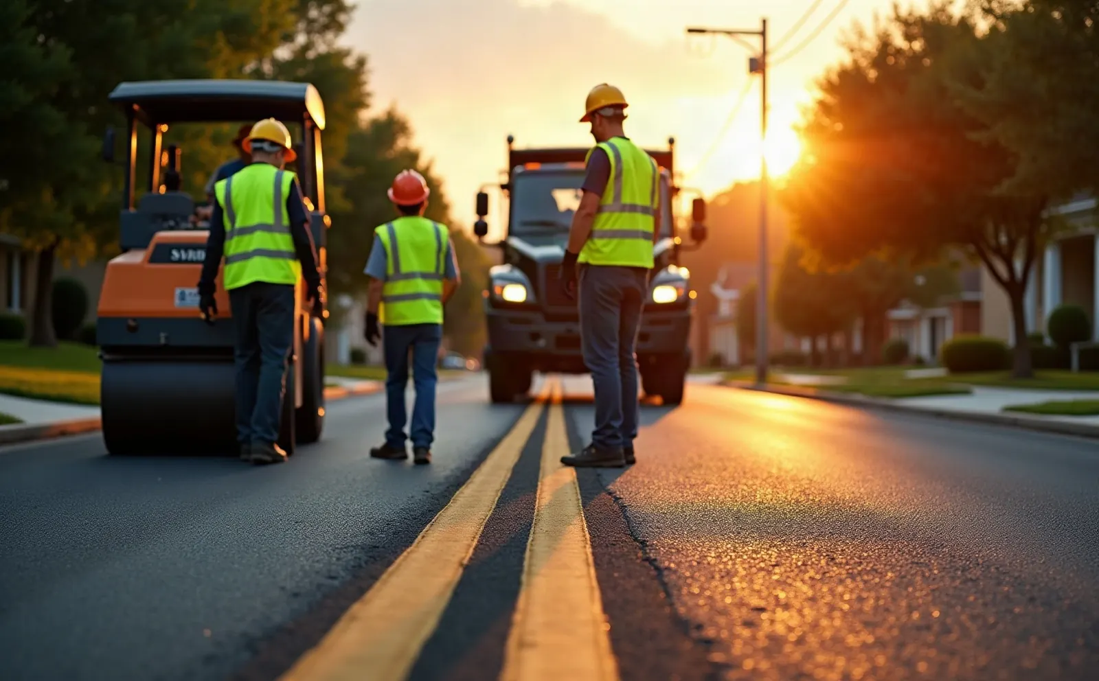 A1 paving crew in high visibility vests on a freshly paved Houston street beside a roller and work truck at sunset
