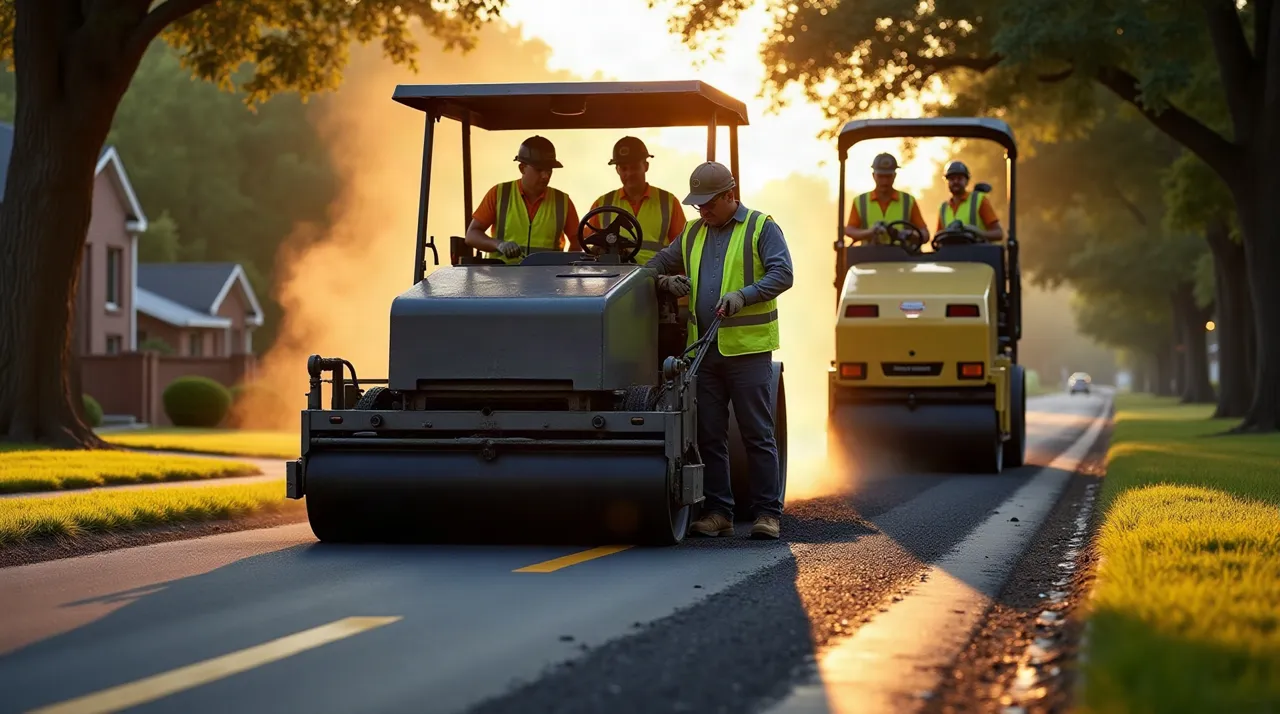 Asphalt paving crew laying fresh hot asphalt on a tree-lined Houston street at golden hour