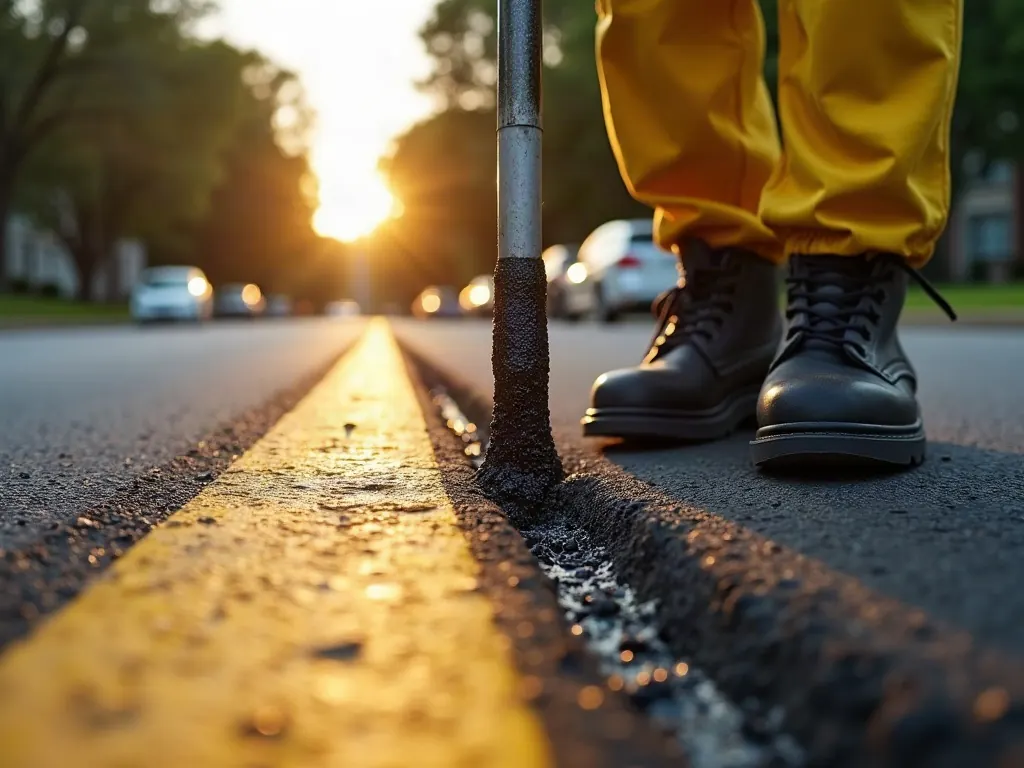 Hot rubberized crack sealant being applied into a crack in dark asphalt