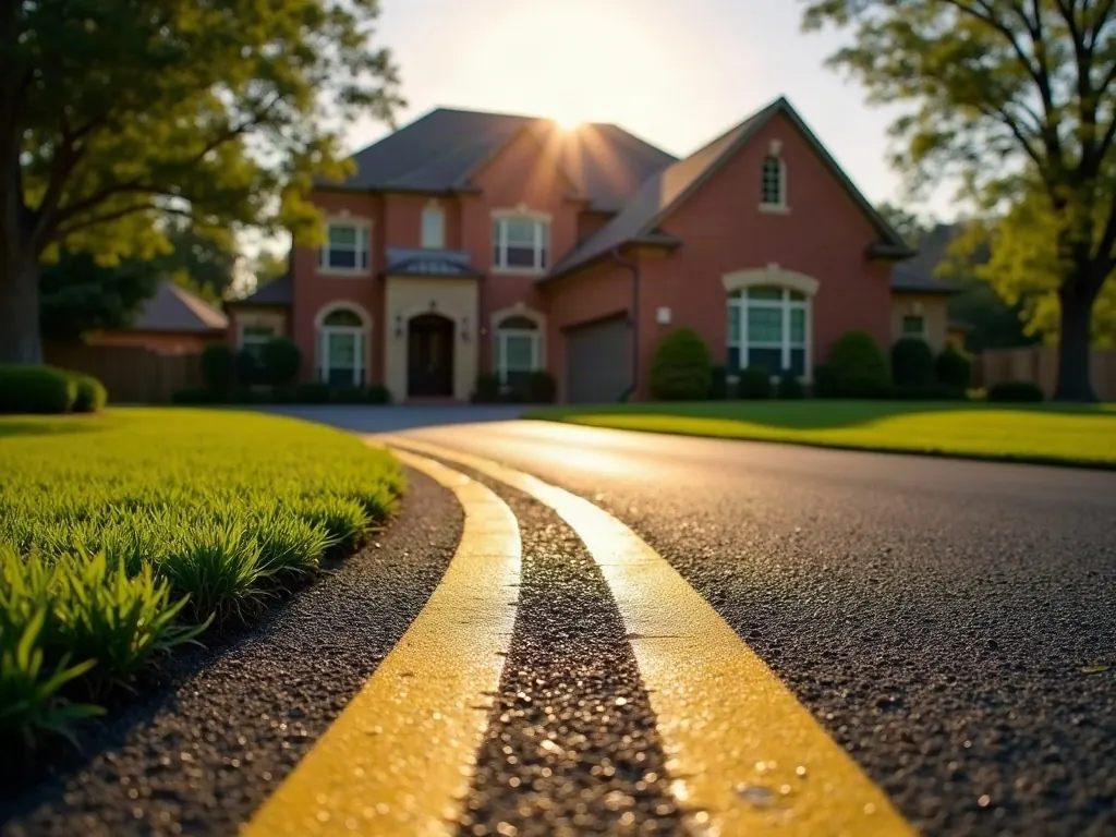 New jet-black asphalt driveway with a clean edge against a green lawn in front of a brick Houston home
