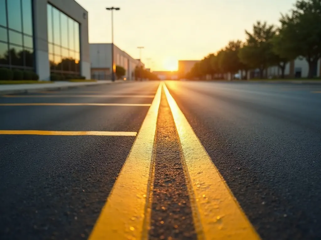 Freshly seal coated commercial parking lot with bright yellow stall stripes at sunrise