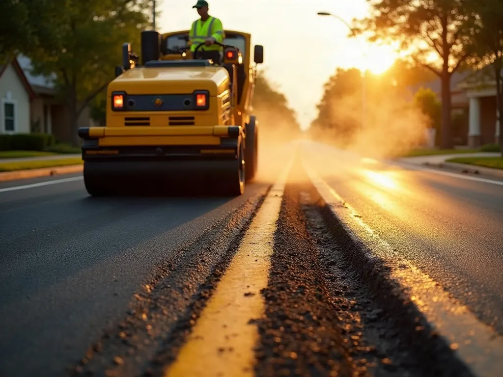 Asphalt roller compacting a fresh mat of hot asphalt on a Houston residential street at golden hour