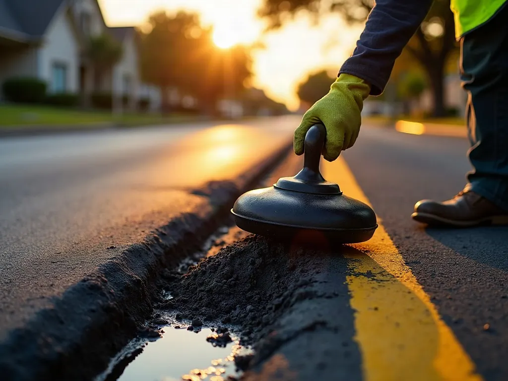 Worker tamping fresh hot asphalt into a repaired pothole patch
