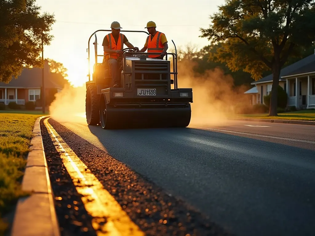 Milling machine grinding the old top layer off a road with a fresh dark asphalt overlay behind it