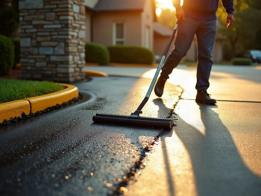 Squeegee spreading glossy black seal coat across a driveway, half sealed and half faded