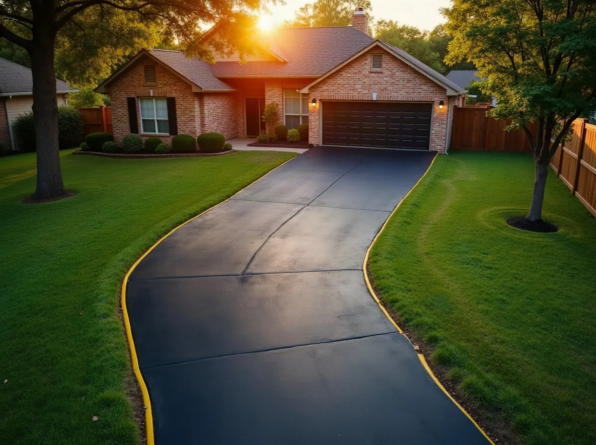 Overhead view of a new black asphalt driveway and walkway in front of a suburban brick home