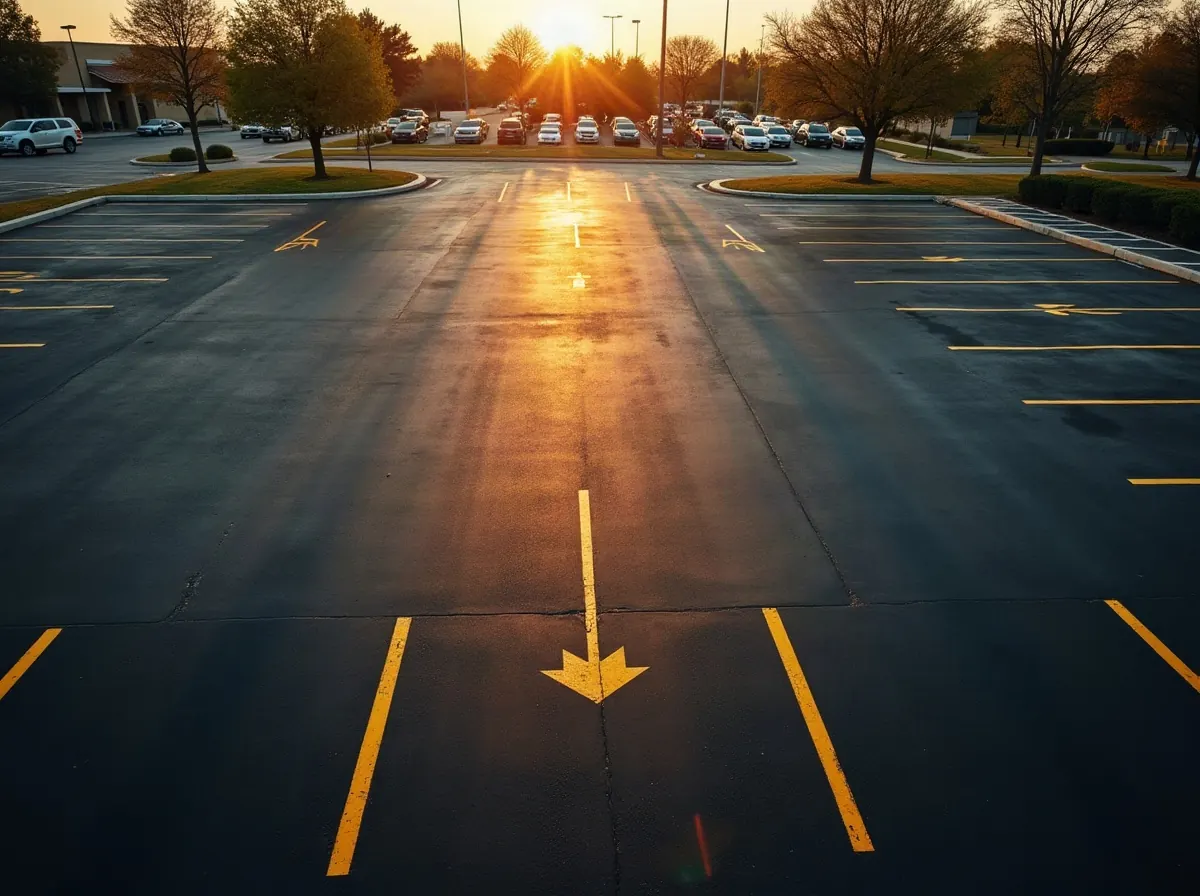 Overhead view of a freshly paved commercial parking lot with crisp yellow stall stripes and arrows