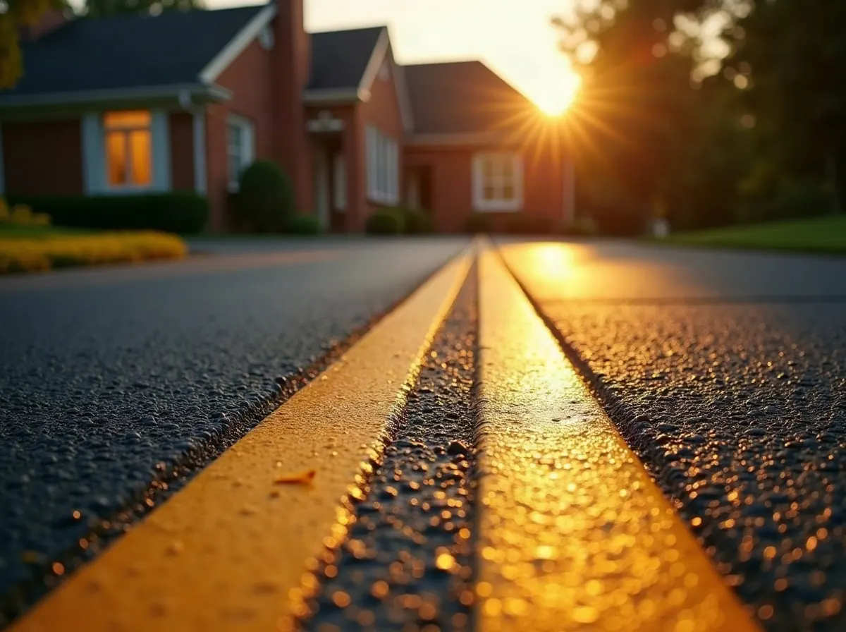 Glossy freshly seal coated black driveway reflecting the sunset sky