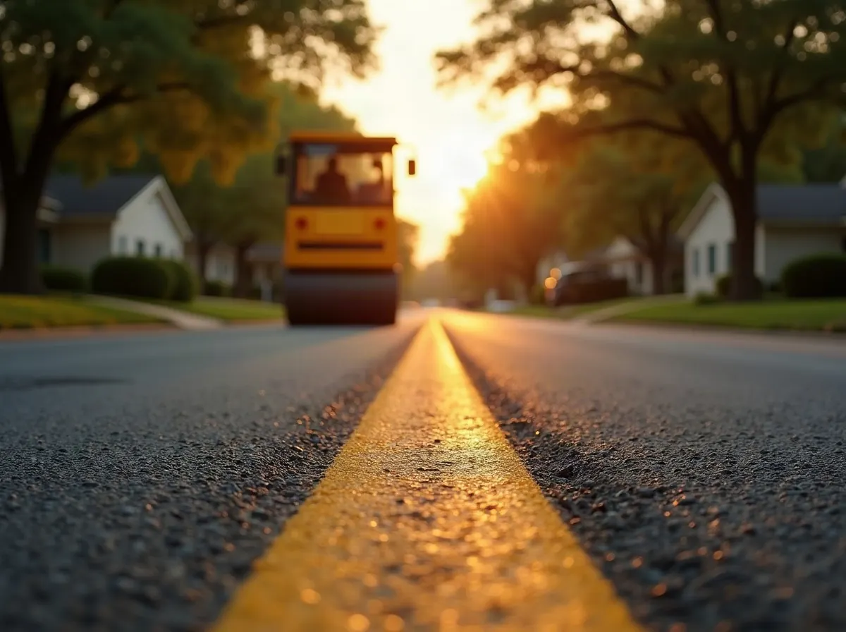 Long freshly resurfaced residential street with new yellow center line and a roller in the distance