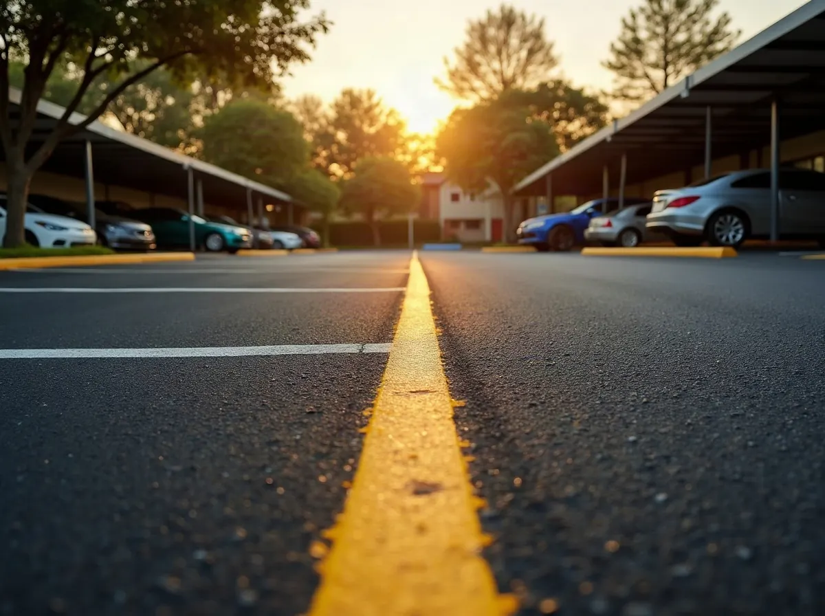 Apartment complex parking lot with new black asphalt and fresh yellow striping under covered carports