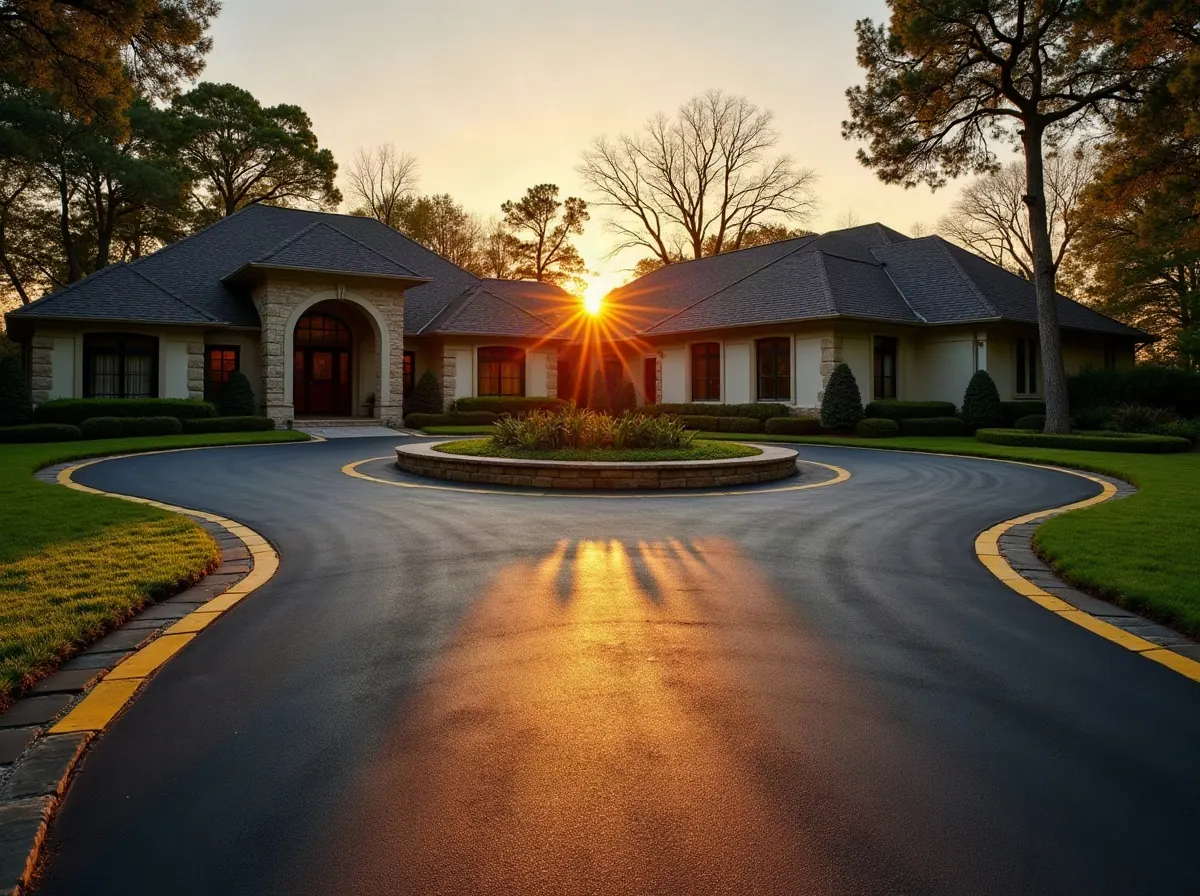 Circular black asphalt driveway with a stone border in front of a large Houston home at sunset
