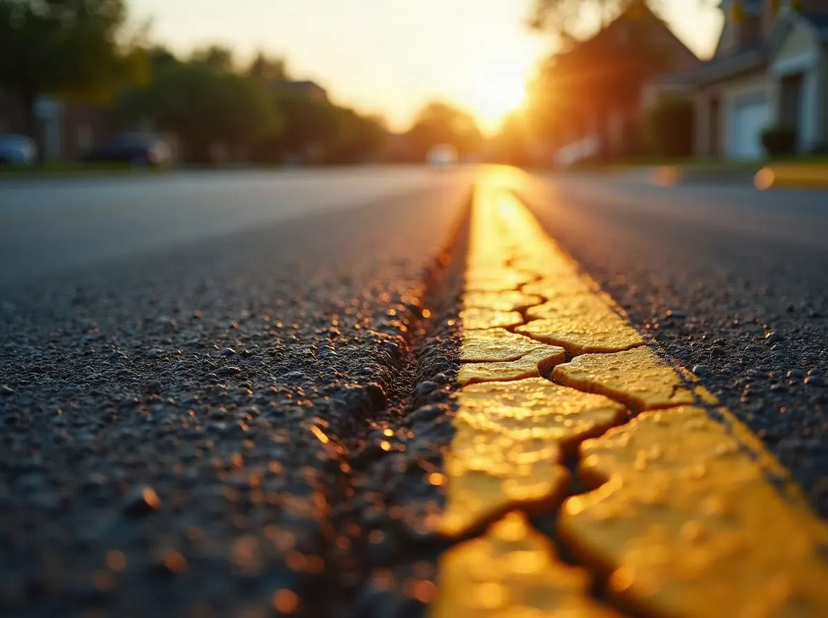 Close up of a crack sealed asphalt parking lot with neat black sealant lines and a yellow stripe